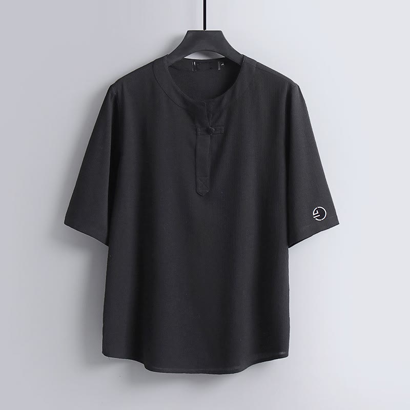 Buddha Stones Chemises à manches courtes pour hommes, style Tang décontracté, col rond, couleur unie, style Tang, été - Noir - US/UK/AU54，EU64 (9XL) - image 11