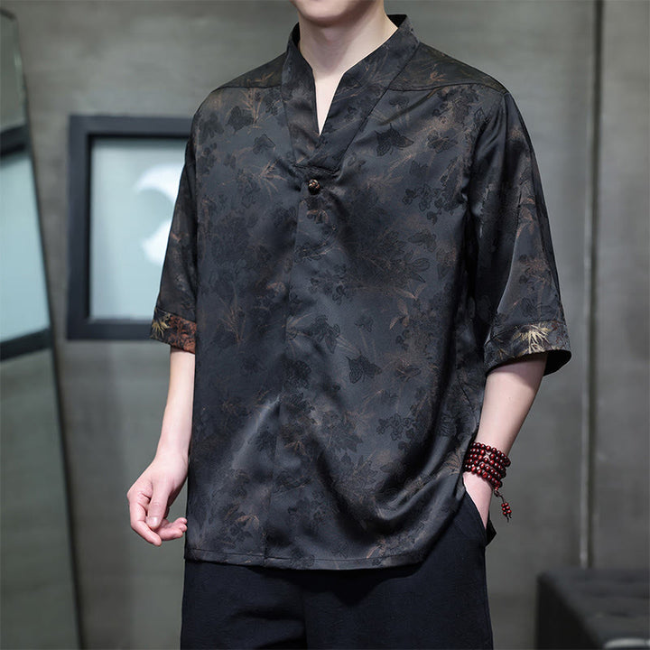 Buddha Stones Chemises à manches courtes pour hommes, style Tang, décontractées, col mandarin, motif papillon en bambou, printemps-été - Terre de sienne - US/UK/AU46，EU56 (5XL) - image 0