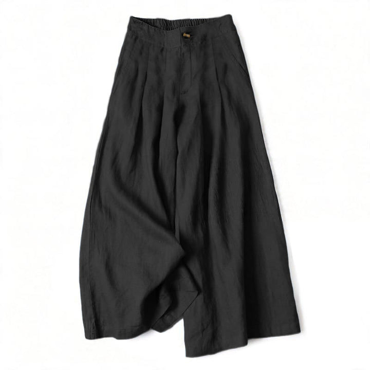 Buddha Stones Pantalon long d'été élégant en coton et lin, taille élastique unie, fermeture éclair et boutons, jambes larges, poches - Noir - US16，UK/AU20，EU48 (3XL) - image 10