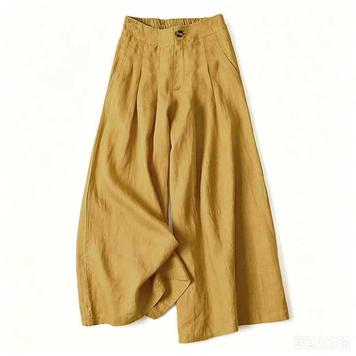 Buddha Stones Pantalon long d'été élégant en coton et lin, taille élastique unie, fermeture éclair et boutons, jambes larges, poches - Jaune - US16，UK/AU20，EU48 (3XL) - image 9