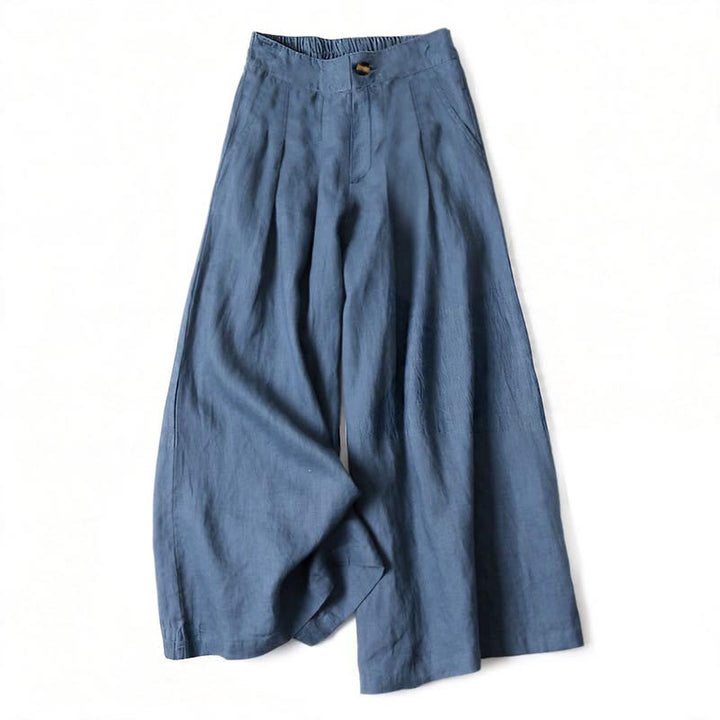Buddha Stones Pantalon long d'été élégant en coton et lin, taille élastique unie, fermeture éclair et boutons, jambes larges, poches - SteelBlue - US16，UK/AU20，EU48 (3XL) - image 0