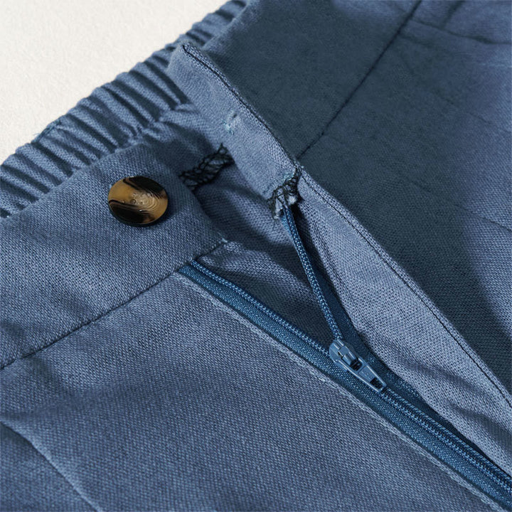 Buddha Stones Pantalon long d'été élégant en coton et lin, taille élastique unie, fermeture éclair et boutons, jambes larges, poches - image 3