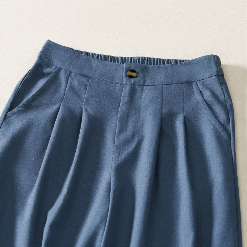 Buddha Stones Pantalon long d'été élégant en coton et lin, taille élastique unie, fermeture éclair et boutons, jambes larges, poches - image 1