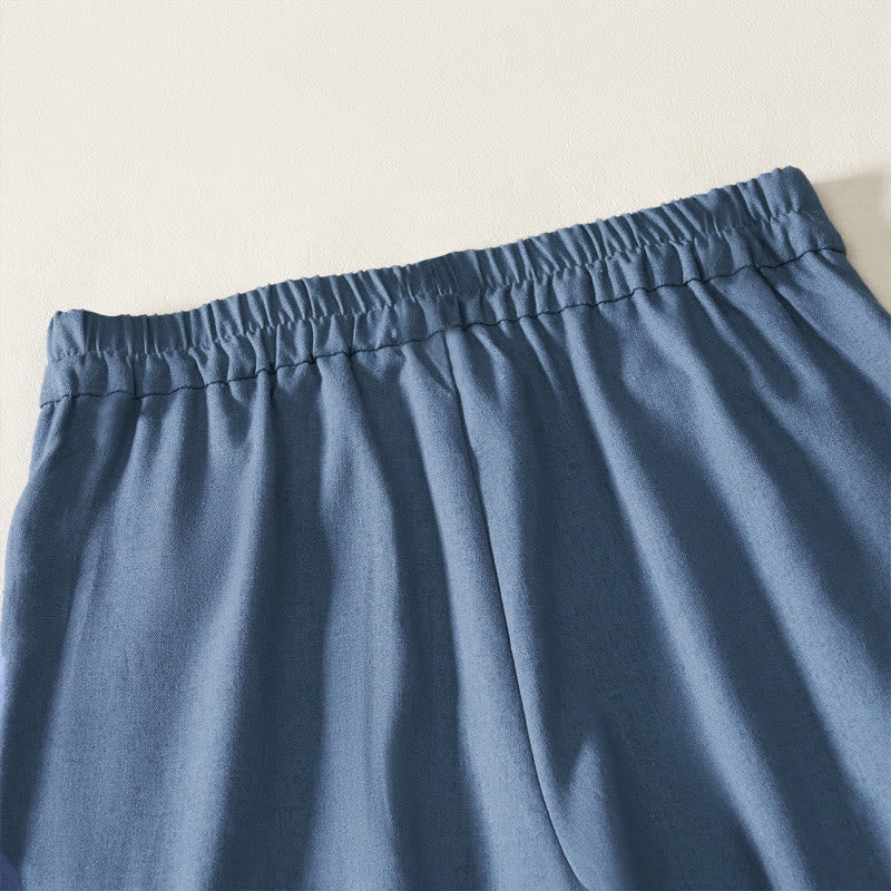 Buddha Stones Pantalon long d'été élégant en coton et lin, taille élastique unie, fermeture éclair et boutons, jambes larges, poches - image 2
