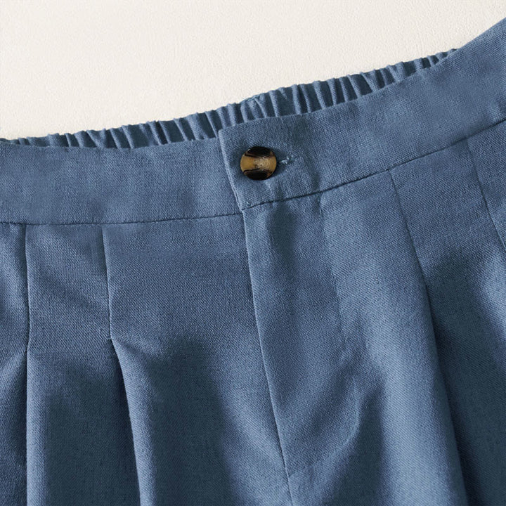 Buddha Stones Pantalon long d'été élégant en coton et lin, taille élastique unie, fermeture éclair et boutons, jambes larges, poches - image 5