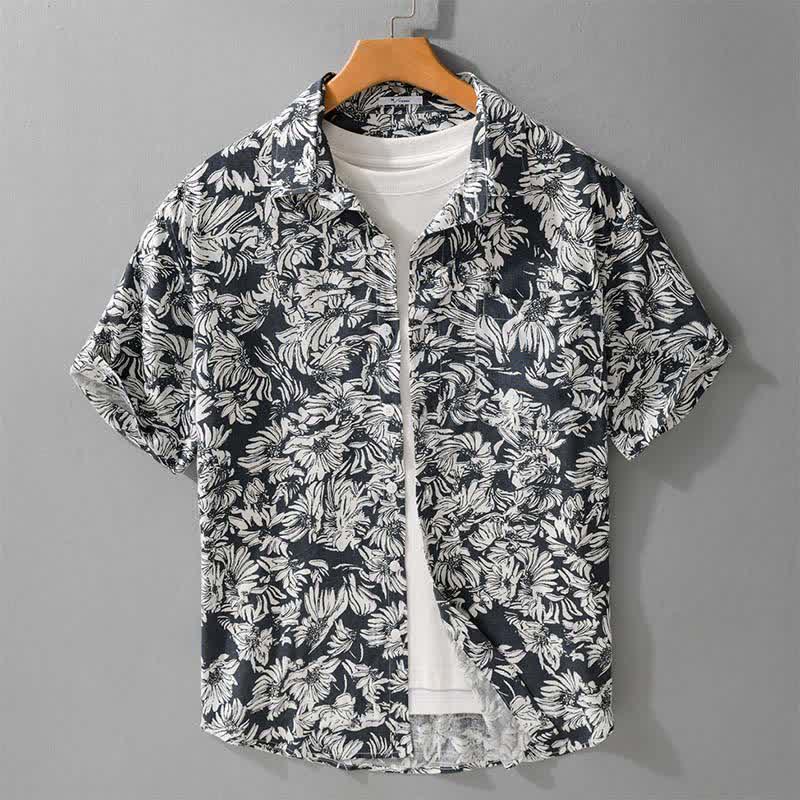 Buddha Stones Chemises d'été décontractées à manches courtes pour hommes, à boutons, avec motif floral tournesol et poche plaquée - SteelBlue - US/UK/AU44，EU54 (3XL) - image 0