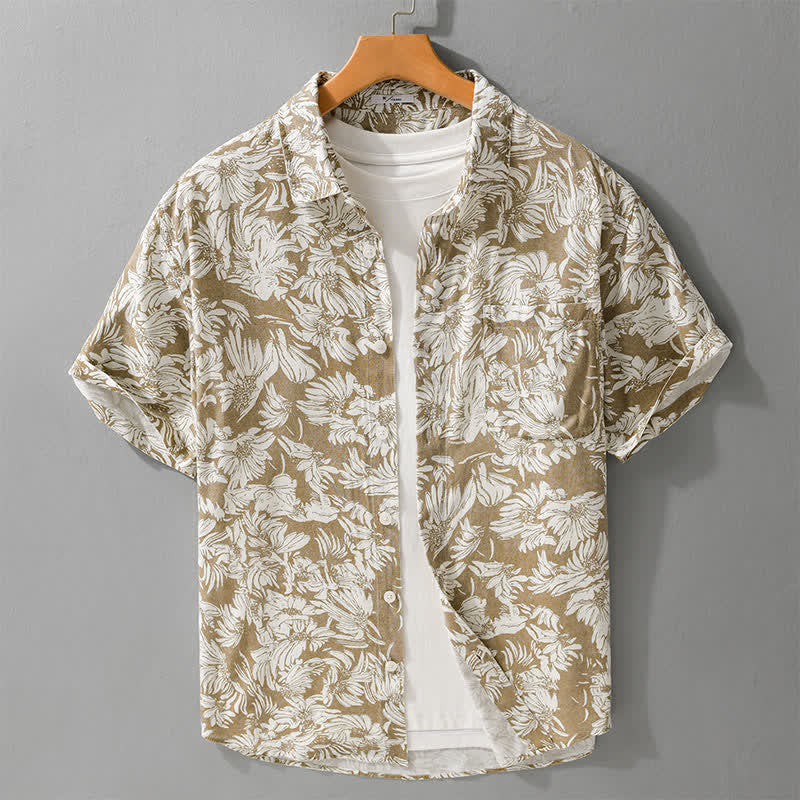 Buddha Stones Chemises d'été décontractées à manches courtes pour hommes, à boutons, avec motif floral tournesol et poche plaquée - DarkKhaki - US/UK/AU44，EU54 (3XL) - image 6