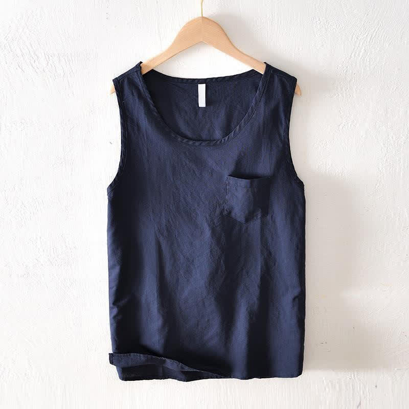 Buddha Stones Débardeur d'été minimaliste uni pour homme avec poche plaquée - Bleu nuit - US/UK/AU42, EU52 (3XL) - image 0