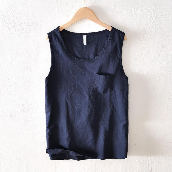 Buddha Stones Débardeur d'été minimaliste uni pour homme avec poche plaquée - Bleu nuit - US/UK/AU42, EU52 (3XL) - image 0