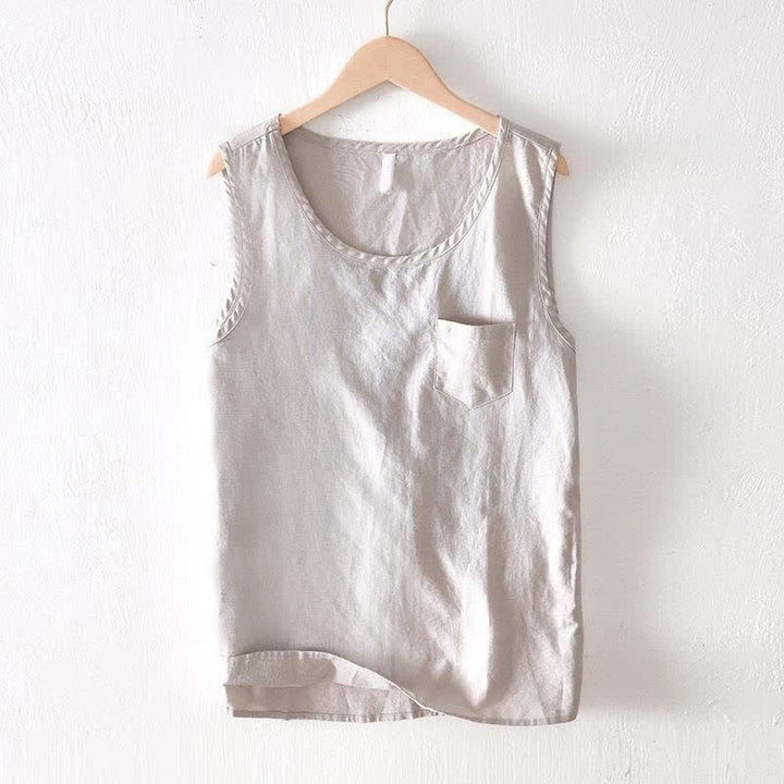 Buddha Stones Débardeur d'été minimaliste uni pour homme avec poche plaquée - Lin - US/UK/AU42, EU52 (3XL) - image 4