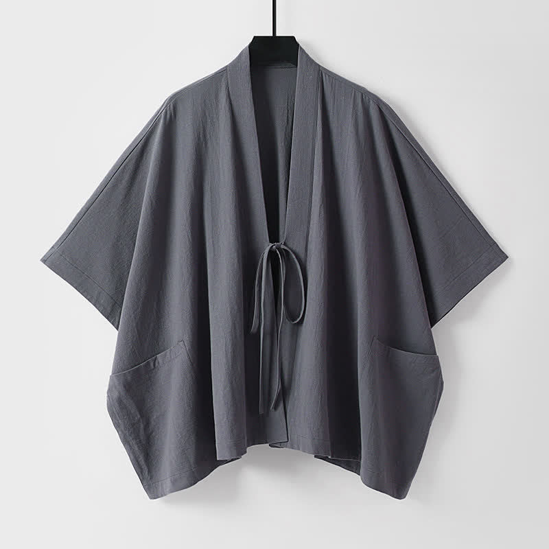 Buddha Stones Kimono d'été minimaliste pour homme, à manches courtes, lacé et à cordon, avec poches - Gris sombre - US/UK/AU40, EU50 (L) - image 0