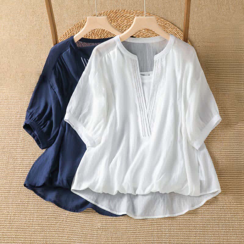 Buddha Stones T-shirts à manches courtes pour femmes, style décontracté d'été, unis, à col en V - image 11