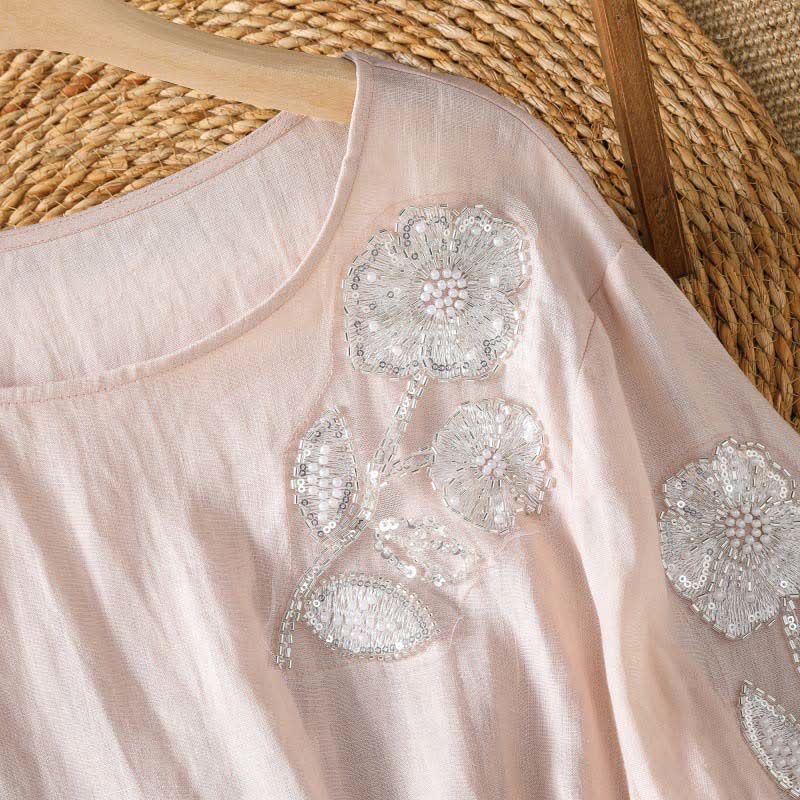 Buddha Stones T-shirt à manches longues pour femme, col rond, broderie florale blanche, style décontracté et élégant, idéal pour l'été. - image 2