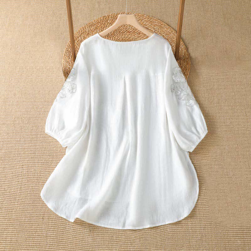 Buddha Stones T-shirt à manches longues pour femme, col rond, broderie florale blanche, style décontracté et élégant, idéal pour l'été. - image 7