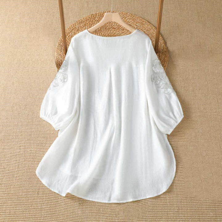 Buddha Stones T-shirt à manches longues pour femme, col rond, broderie florale blanche, style décontracté et élégant, idéal pour l'été. - image 7