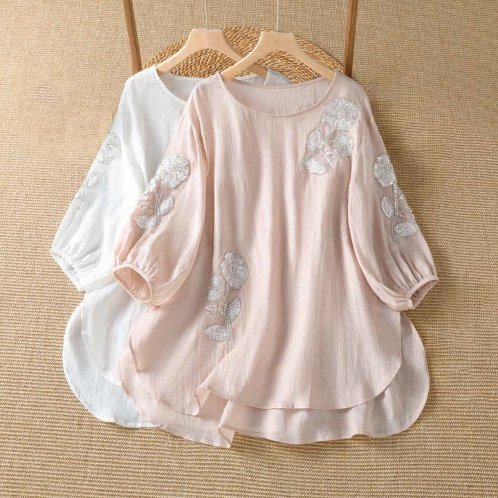 Buddha Stones T-shirt à manches longues pour femme, col rond, broderie florale blanche, style décontracté et élégant, idéal pour l'été. - image 8