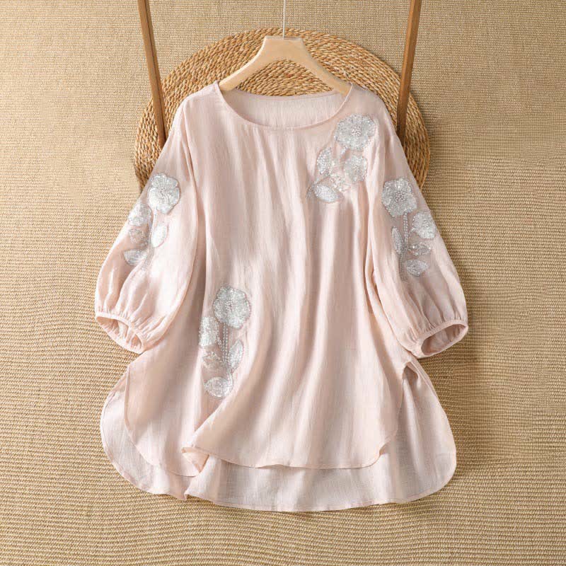 Buddha Stones T-shirt à manches longues pour femme, col rond, broderie florale blanche, style décontracté et élégant, idéal pour l'été. - MistyRose - US14, UK/AU18, EU46 (2XL) - image 0