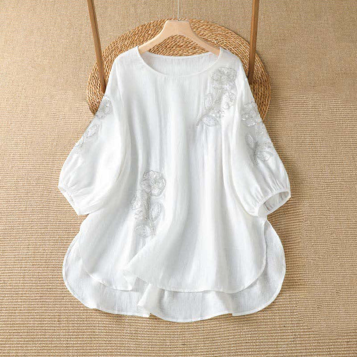 Buddha Stones T-shirt à manches longues pour femme, col rond, broderie florale blanche, style décontracté et élégant, idéal pour l'été. - Blanc - US14, UK/AU18, EU46 (2XL) - image 6