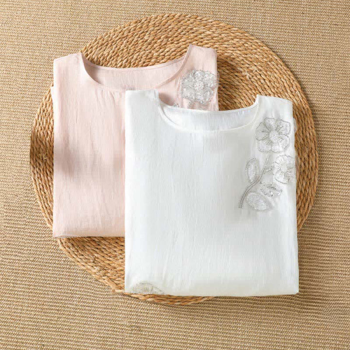 Buddha Stones T-shirt à manches longues pour femme, col rond, broderie florale blanche, style décontracté et élégant, idéal pour l'été. - image 9