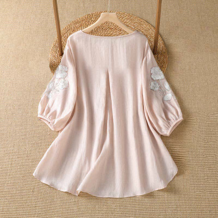 Buddha Stones T-shirt à manches longues pour femme, col rond, broderie florale blanche, style décontracté et élégant, idéal pour l'été. - image 1