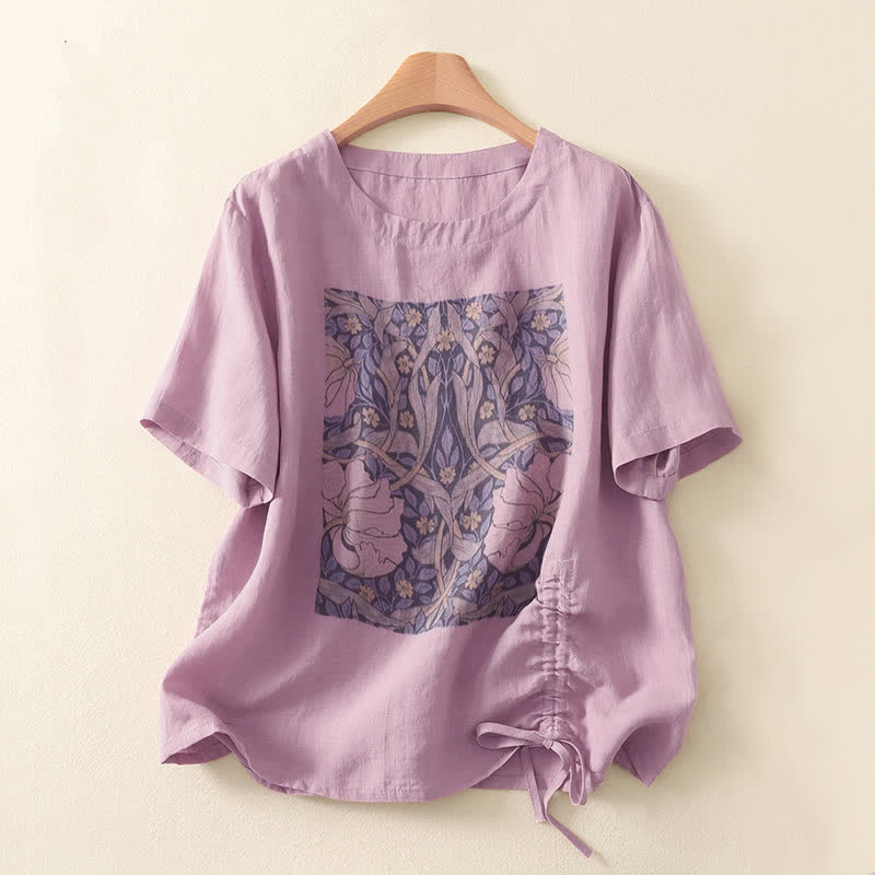 Buddha Stones T-shirts à manches courtes pour femmes, style vintage décontracté, avec cordon de serrage et imprimé floral abstrait - Prune - US8-10, UK/AU12-14, EU40-42 (2XL) - image 0
