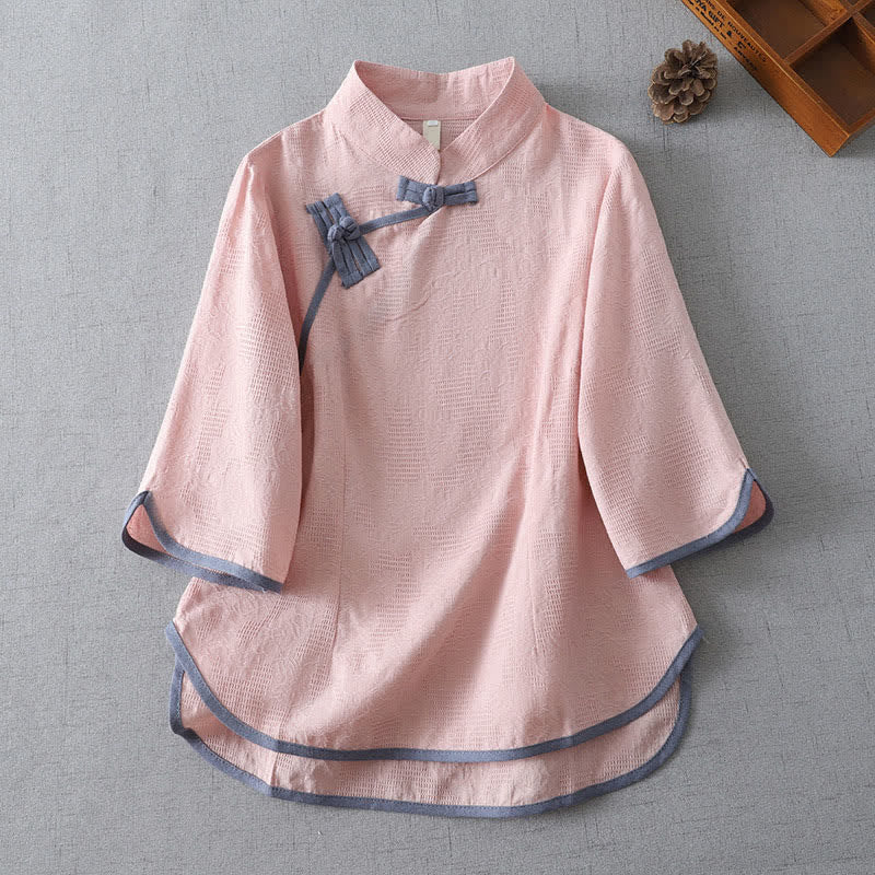 Buddha Stones Chemises d'été minimalistes à manches courtes pour femmes, style Tang, col mandarin et boutons brandebourg. - Rose - US12, UK/AU16, EU44 (3XL) - image 1
