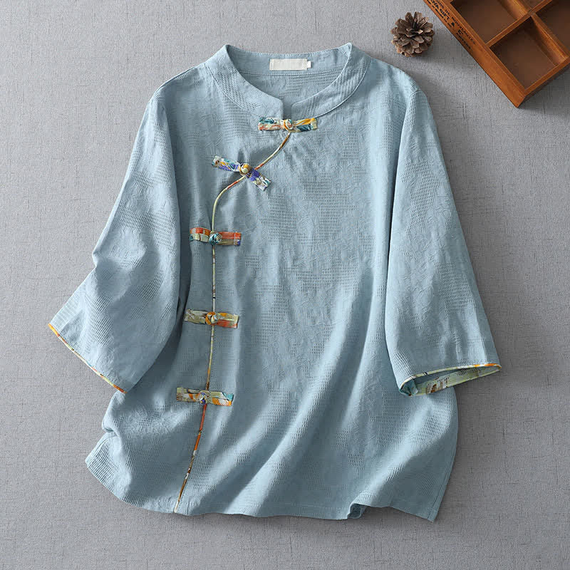 Buddha Stones Chemises d'été décontractées à manches trois-quarts pour femmes, style Tang, à boutons grenouille, unies - Bleu clair - US8-10, UK/AU12-14, EU40-42 (2XL) - image 4