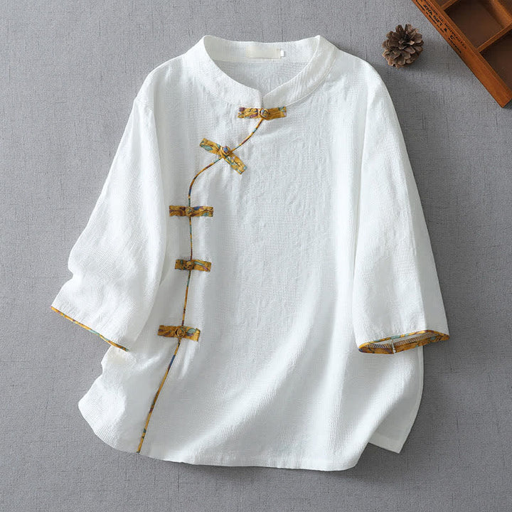 Buddha Stones Chemises d'été décontractées à manches trois-quarts pour femmes, style Tang, à boutons grenouille, unies - Blanc - US8-10, UK/AU12-14, EU40-42 (2XL) - image 8