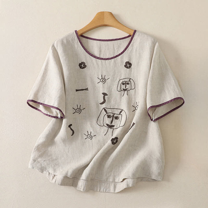 Buddha Stones T-shirts à manches courtes pour femmes, style vintage décontracté, avec broderie abstraite de tournesols. - Lin - US8-10, UK/AU12-14, EU40-42 (2XL) - image 5