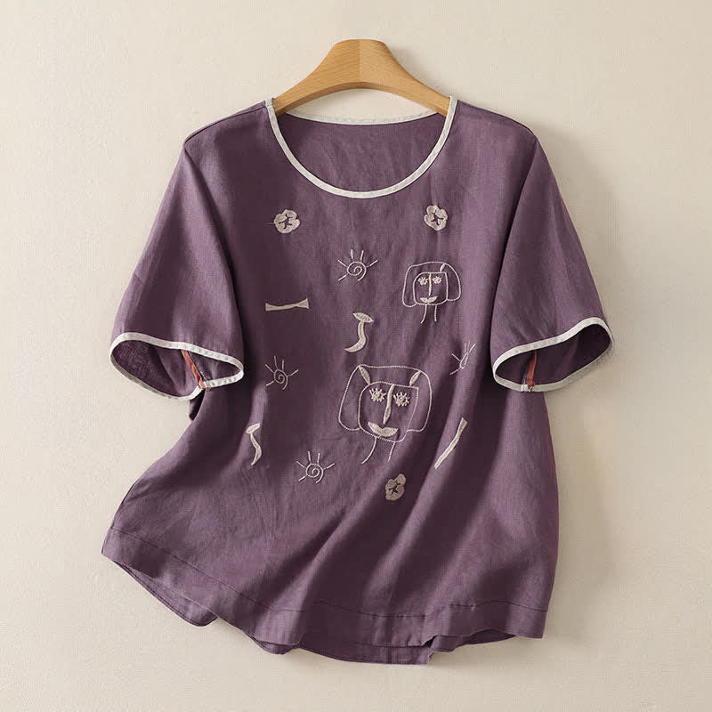 Buddha Stones T-shirts à manches courtes pour femmes, style vintage décontracté, avec broderie abstraite de tournesols. - Violet - US8-10, UK/AU12-14, EU40-42 (2XL) - image 0