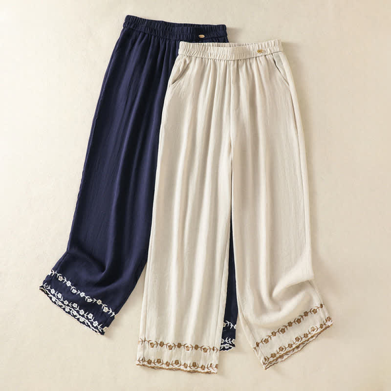 Buddha Stones Pantalon court d'été décontracté à broderie florale vintage, coupe droite, avec poches - image 0