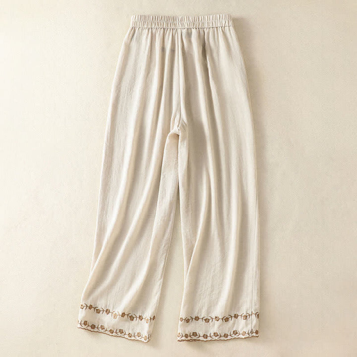 Buddha Stones Pantalon court d'été décontracté à broderie florale vintage, coupe droite, avec poches - image 8