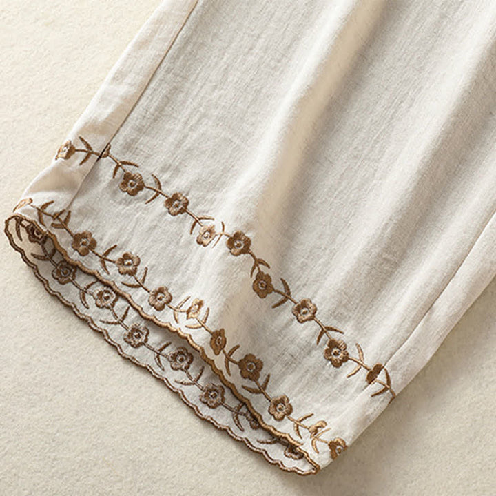 Buddha Stones Pantalon court d'été décontracté à broderie florale vintage, coupe droite, avec poches - image 13