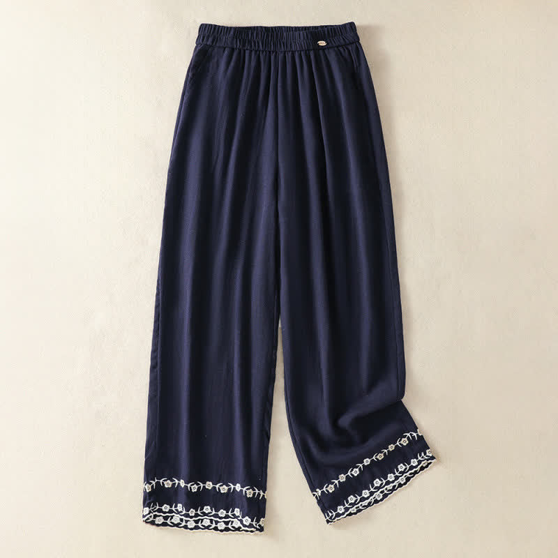Buddha Stones Pantalon court d'été décontracté à broderie florale vintage, coupe droite, avec poches - Marine - US8-10, UK/AU12-14, EU40-42 (2XL) - image 1