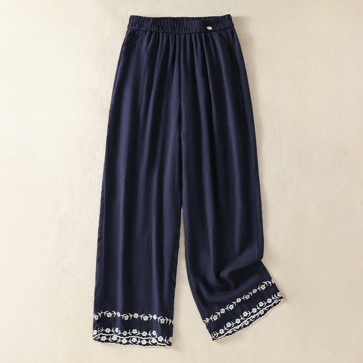 Buddha Stones Pantalon court d'été décontracté à broderie florale vintage, coupe droite, avec poches - Marine - US8-10, UK/AU12-14, EU40-42 (2XL) - image 1