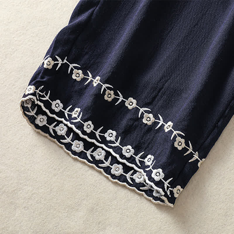 Buddha Stones Pantalon court d'été décontracté à broderie florale vintage, coupe droite, avec poches - image 6