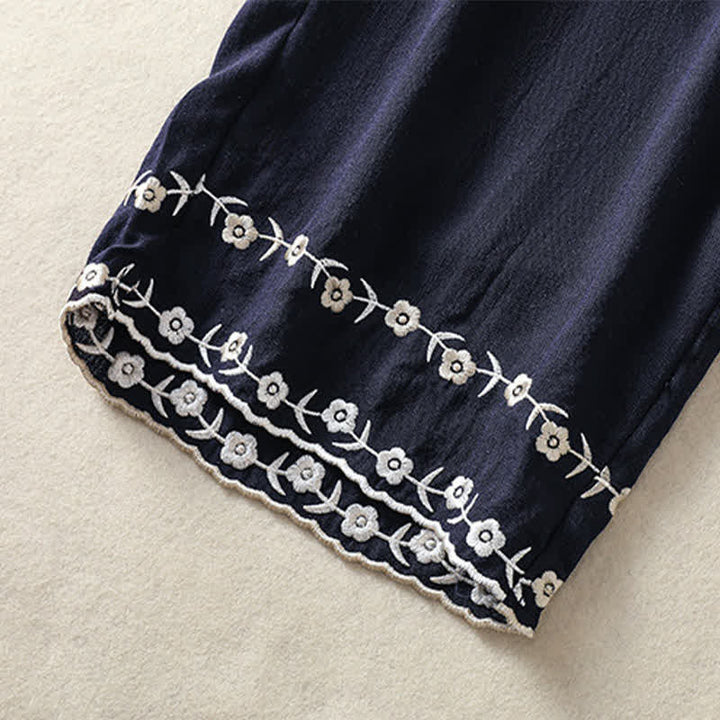 Buddha Stones Pantalon court d'été décontracté à broderie florale vintage, coupe droite, avec poches - image 6
