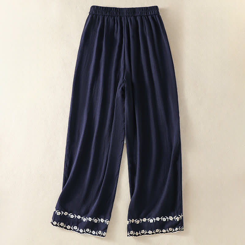 Buddha Stones Pantalon court d'été décontracté à broderie florale vintage, coupe droite, avec poches - image 2