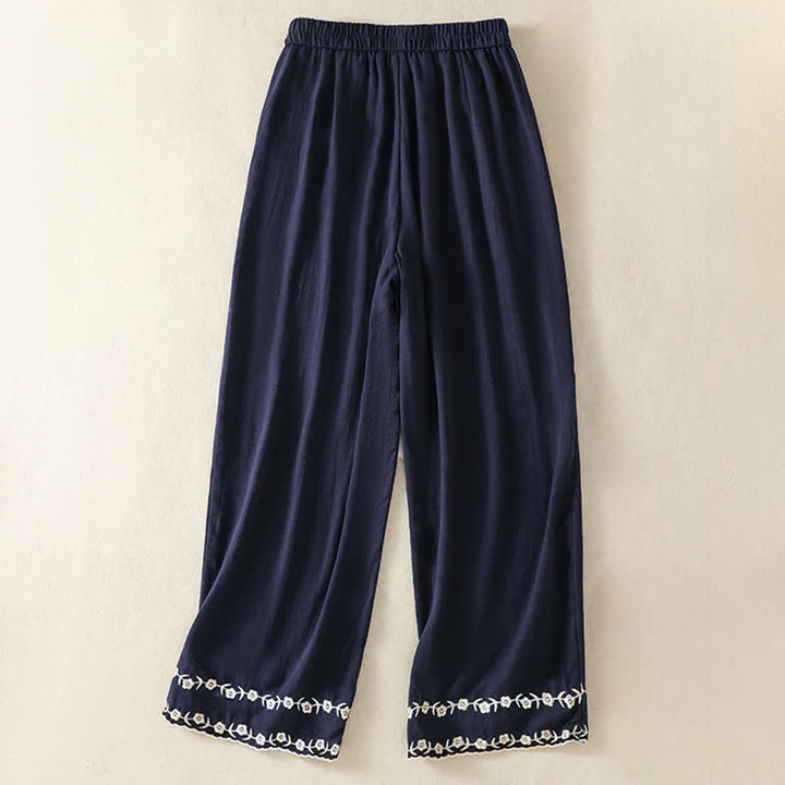 Buddha Stones Pantalon court d'été décontracté à broderie florale vintage, coupe droite, avec poches - image 2