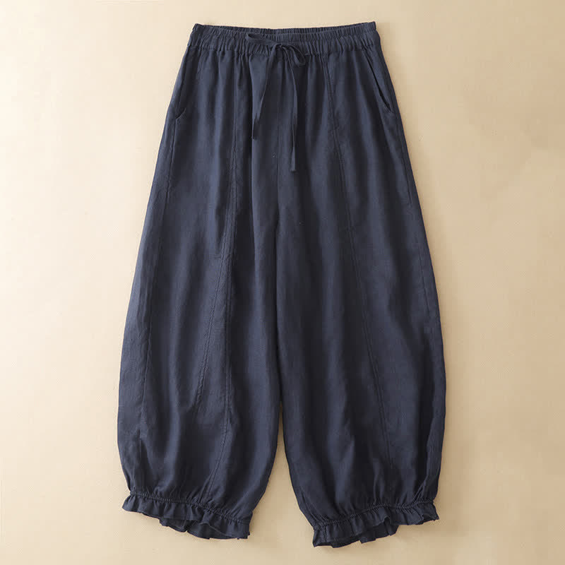 Buddha Stones Pantalon sarouel d'été décontracté à cordon de serrage, ourlet à volants et poches - Marine - US8-10, UK/AU12-14, EU40-42 (2XL) - image 0