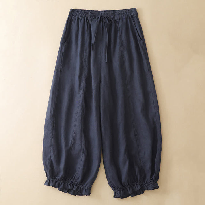 Buddha Stones Pantalon sarouel d'été décontracté à cordon de serrage, ourlet à volants et poches - Marine - US8-10, UK/AU12-14, EU40-42 (2XL) - image 0