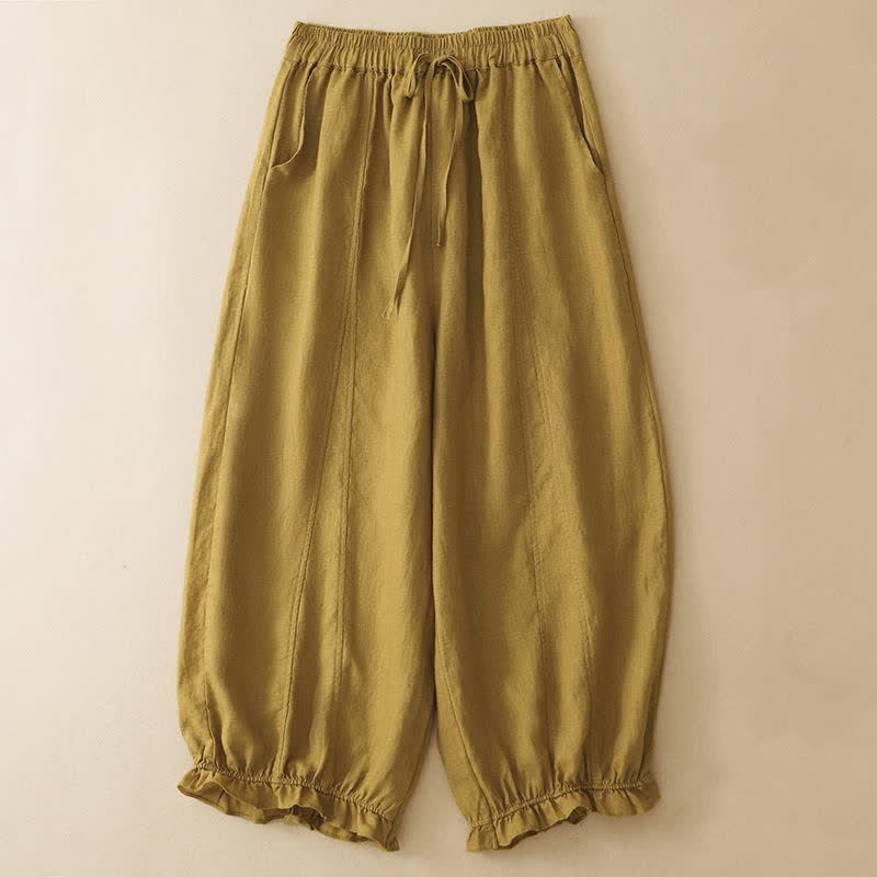 Buddha Stones Pantalon sarouel d'été décontracté à cordon de serrage, ourlet à volants et poches - DarkKhaki - US8-10, UK/AU12-14, EU40-42 (2XL) - image 6