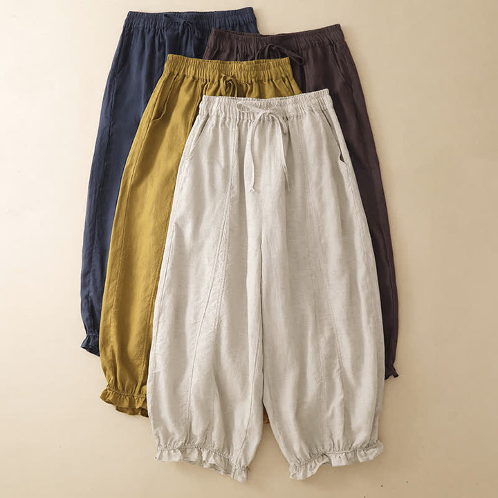 Buddha Stones Pantalon sarouel d'été décontracté à cordon de serrage, ourlet à volants et poches - image 18
