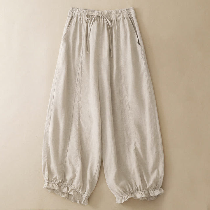 Buddha Stones Pantalon sarouel d'été décontracté à cordon de serrage, ourlet à volants et poches - Beige - US8-10, UK/AU12-14, EU40-42 (2XL) - image 10