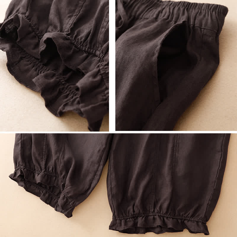 Buddha Stones Pantalon sarouel d'été décontracté à cordon de serrage, ourlet à volants et poches - image 5