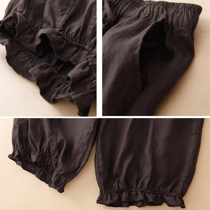 Buddha Stones Pantalon sarouel d'été décontracté à cordon de serrage, ourlet à volants et poches - image 5