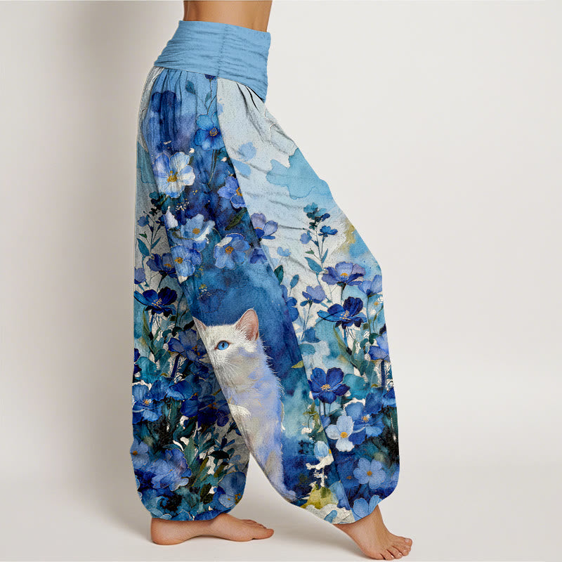 Buddha Stones Pantalon harem pour femme en pur coton à motif floral et chat blanc, taille élastique - image 2