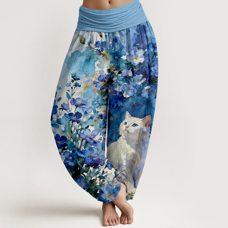 Buddha Stones Pantalon harem pour femme en pur coton à motif floral et chat blanc, taille élastique - Bleu ciel clair - US16，UK/AU20，EU48 (3XL) - image 0