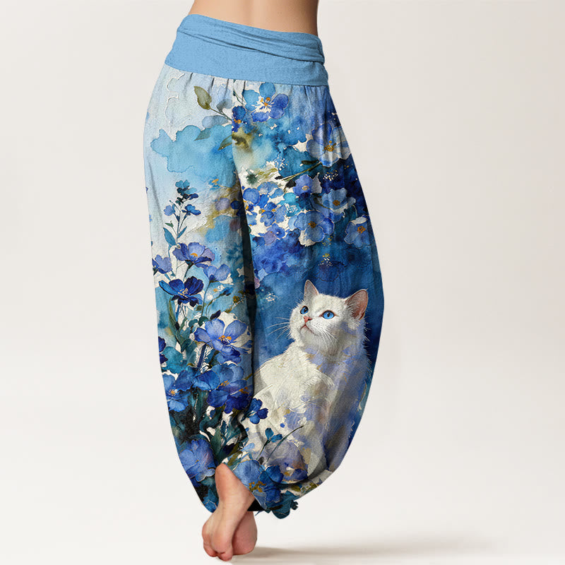 Buddha Stones Pantalon harem pour femme en pur coton à motif floral et chat blanc, taille élastique - image 1