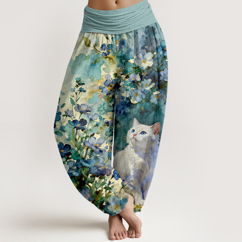 Buddha Stones Pantalon harem pour femme en pur coton à motif floral et chat blanc, taille élastique - Sarcelle - US16，UK/AU20，EU48 (3XL) - image 5
